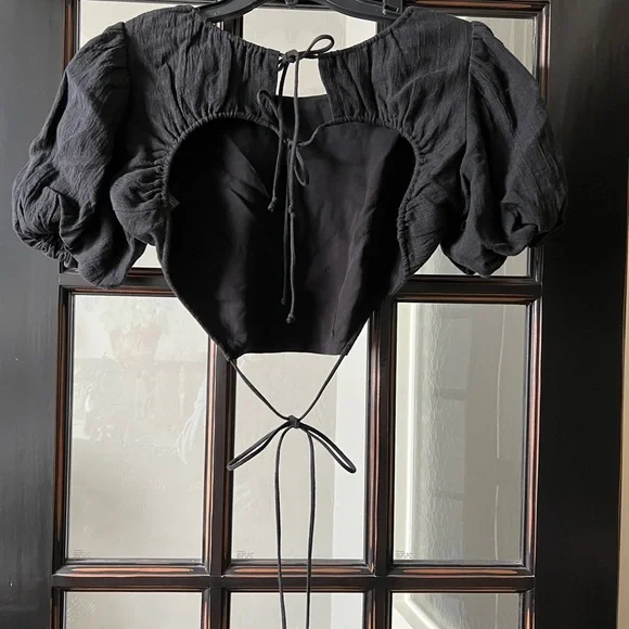 Astr the Label Simona crop top women’s black linen tie back short sleeve XS - Picture 5 of 7